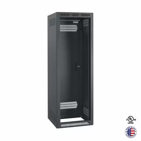 Fixed rail, enclosed rack cabinet