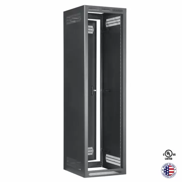 Fixed rail, enclosed rack cabinet