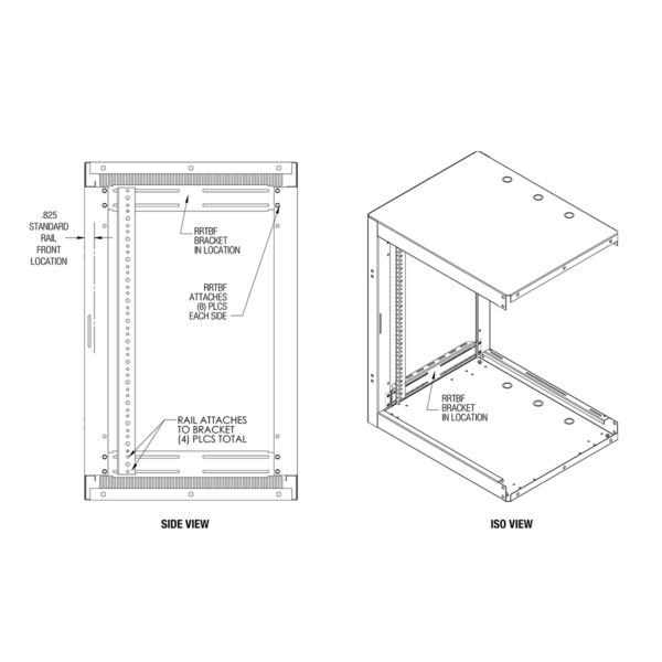 drawing of rail conversion bracket mounted in cabinet